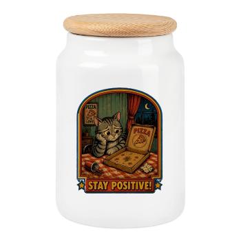 Soirée pizza : chat reste positif - Boîte à biscuits avec couvercle en bois - blanc - Devant