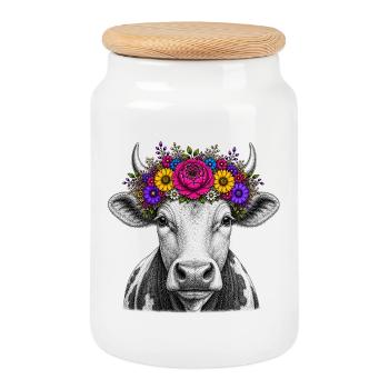 Cow with flower crown - Cookie Jar with Wooden Lid - white - Front