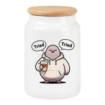 Pigeon Chubby “I Tried” - Cookie Jar with Wooden Lid - white - Front