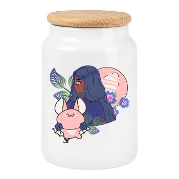 Chauve-souris Kawaii & Prothèse magique - Boîte à biscuits avec couvercle en bois - blanc - Devant
