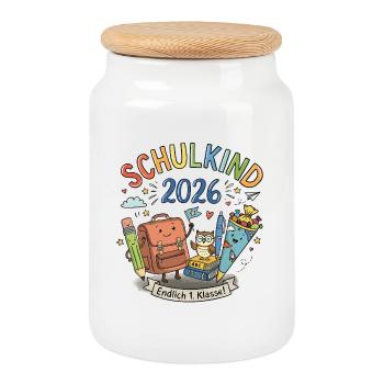 Schulkind 2026 - Keksdose mit Holzdeckel - Weiß - Vorne