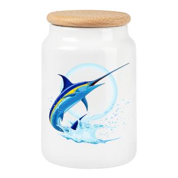Blauer Marlin-Schwertfisch springt aus dem Ozean - Keksdose mit Holzdeckel - Weiß - Vorne