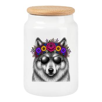 Wolf with flower wreath and sunglasses - Cookie Jar with Wooden Lid - white - Front
