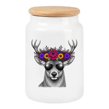 Cerf avec couronne de fleurs et lunettes de soleil - Boîte à biscuits avec couvercle en bois - blanc - Devant