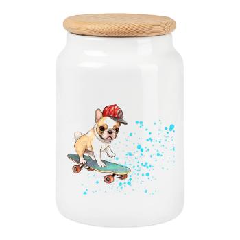 Skateboard Bulldog mit Cap - Keksdose mit Holzdeckel - Weiß - Vorne