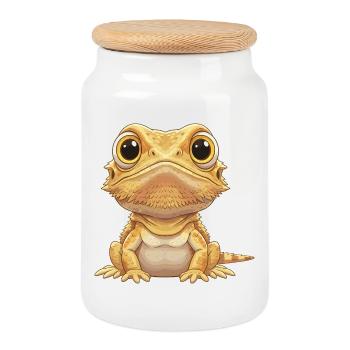 Knuffige Bartagame – Cartoon mit Riesenaugen - Keksdose mit Holzdeckel - Weiß - Vorne