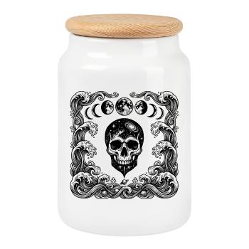 Cosmic Gothic Skull Ocean Waves Moon Phases Art - Cookie Jar with Wooden Lid - white - Front
