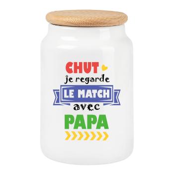 je regarde le match avec papa / enfant et football - Boîte à biscuits avec couvercle en bois - blanc - Devant
