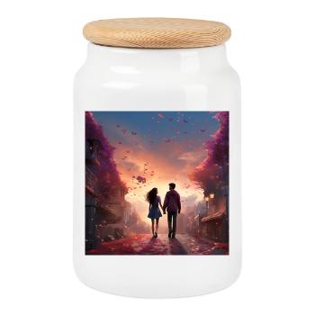 Evening Love Walk - Cookie Jar with Wooden Lid - white - Front