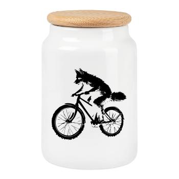 Le renard cycliste drôle - Boîte à biscuits avec couvercle en bois - blanc - Devant