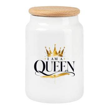 I am a Queen - Golden Crown - Cookie Jar with Wooden Lid - white - Front