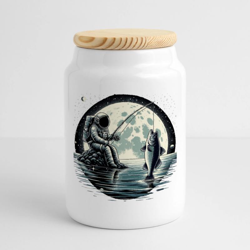 Astronaute pêche sur la Lune : conception spatiale Boîte à biscuits avec couvercle en bois