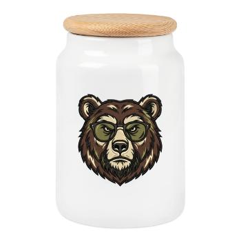 Cooler Grizzly Bär mit Sonnenbrille Design - Keksdose mit Holzdeckel - Weiß - Vorne