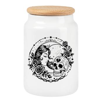 Gothic Moon Goddess Skull Rose Design - Cookie Jar with Wooden Lid - white - Front
