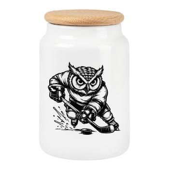 Joueur de hibou de hockey sur glace avec livre de coloriage de palet - Boîte à biscuits avec couvercle en bois - blanc - Devant