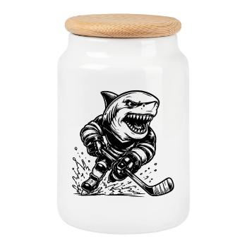 Eishockey Hai Spieler mit Puck als Ausmalbild - Cookie Jar with Wooden Lid - white - Front