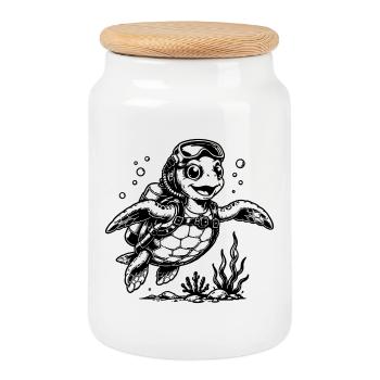 Plongeur tortue avec bouteille d’oxygène - Boîte à biscuits avec couvercle en bois - blanc - Devant