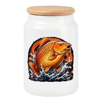 Orange Koi Carp Splash Fishing Design - Cookie Jar with Wooden Lid - white - Front