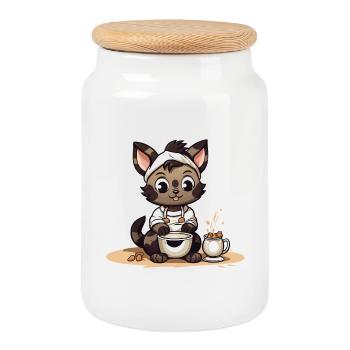 Cuddly Cooking Kitten Illustration - Cookie Jar with Wooden Lid - white - Front