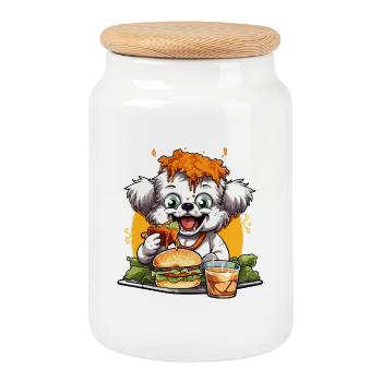 Burger dog avec glaçage au fromage - Boîte à biscuits avec couvercle en bois - blanc - Devant