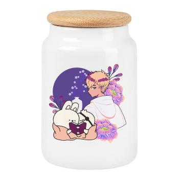 Anime Boy and Animals with Eye Patch Art - Cookie Jar with Wooden Lid - white - Front