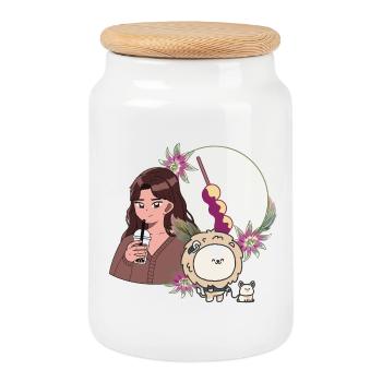 Bubble Tea Girl and Lion with Hearing Aid - Cookie Jar with Wooden Lid - white - Front