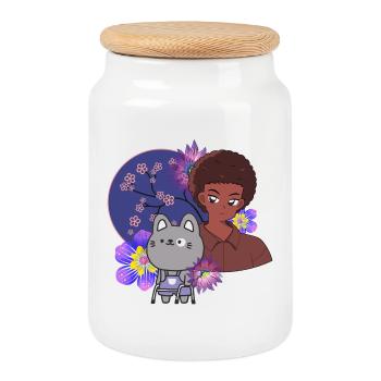 Anime-Junge und Katze mit Walker-Kunst - Keksdose mit Holzdeckel - Weiß - Vorne