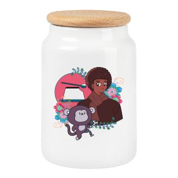 Garçon d’anime et singe de football avec prothèse - Boîte à biscuits avec couvercle en bois - blanc - Devant