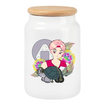 Anime Boy et Tortue avec des dessins de rôdeur - Boîte à biscuits avec couvercle en bois - blanc - Devant