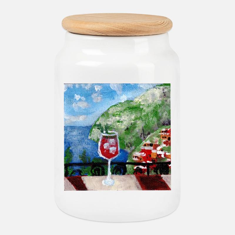 Meerblick_Ölgemälde_mit_cocktail - Keksdose mit Holzdeckel - Weiß
