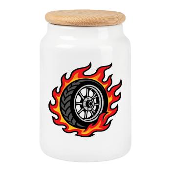 Roue de moto en flammes style biker - Boîte à biscuits avec couvercle en bois - blanc - Devant