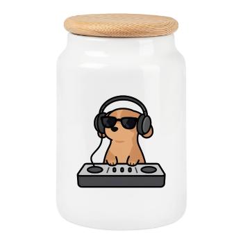Niedlicher Hund als DJ am Mischpult Geschenk - Keksdose mit Holzdeckel - Weiß - Vorne