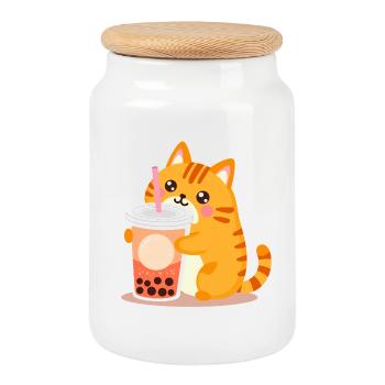 Chat Kawaii mignon avec bubble tea - Boîte à biscuits avec couvercle en bois - blanc - Devant