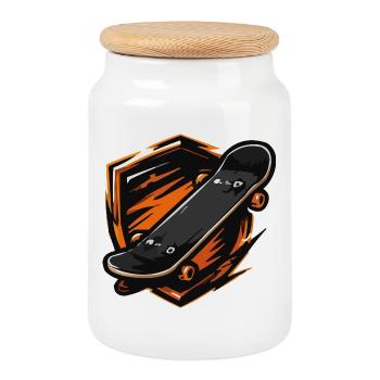Flammendes Skateboard-Motiv - Keksdose mit Holzdeckel - Weiß - Vorne