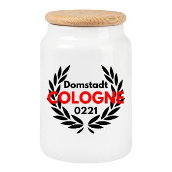 DOMSTADT COLOGNE, KÖLN 0221,  KÖLLE, LEGENDE - Keksdose mit Holzdeckel - Weiß - Vorne