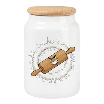 Dessin animé au rouleau à pâtisserie en colère - Boîte à biscuits avec couvercle en bois - blanc - Devant