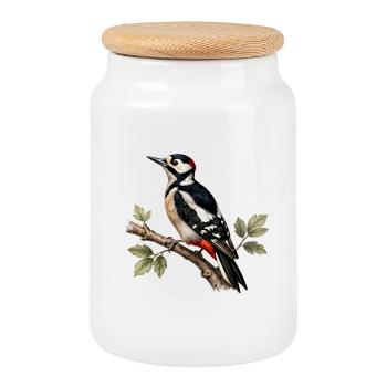 Great spotted woodpecker on branch - Cookie Jar with Wooden Lid - white - Front