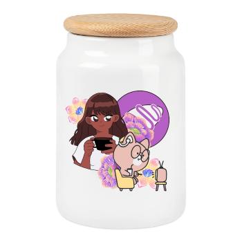 Cozy Morning Coffee & Hearing Aid Cat - Cookie Jar with Wooden Lid - white - Front