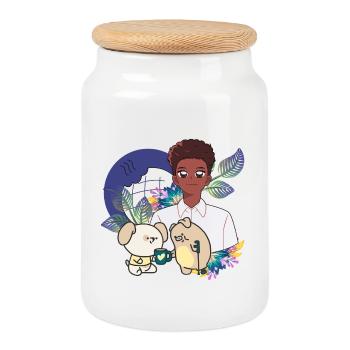 Anime Boy and Animals with Crutch Art - Cookie Jar with Wooden Lid - white - Front