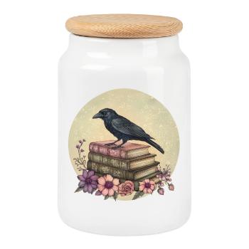 Raven on stack of books - Cookie Jar with Wooden Lid - white - Front