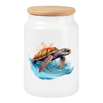 Tortue de mer sauvage dans la vague - Boîte à biscuits avec couvercle en bois - blanc - Devant