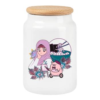 Manga Artist, Ramen and Pig in Wheelchair - Cookie Jar with Wooden Lid - white - Front