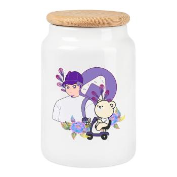 Onigiri Snack & Bear on Mobility Scooter - Cookie Jar with Wooden Lid - white - Front