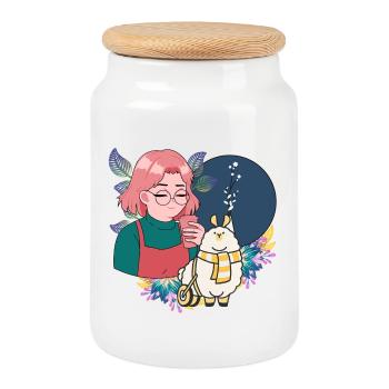 Manga Girl with Coffee and Lama in Wheelchair - Cookie Jar with Wooden Lid - white - Front