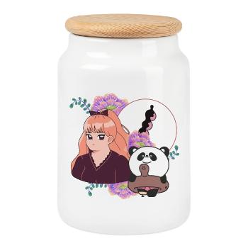 Manga Girl et Panda avec prothèses de jambes - Boîte à biscuits avec couvercle en bois - blanc - Devant
