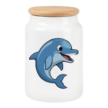 Funny Dolphin Cartoon Motif - Cookie Jar with Wooden Lid - white - Front