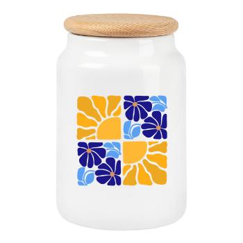 70s Retro Flowers & Sun Design - Cookie Jar with Wooden Lid - white - Front