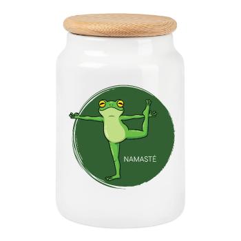 Frosch Namaste Yoga - Keksdose mit Holzdeckel - Weiß - Vorne