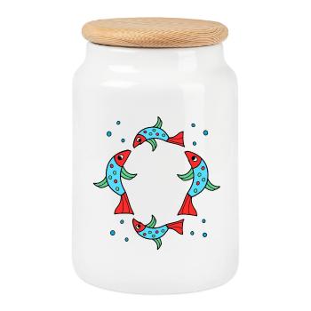Cercle de carpes koi bleu néon et rouge - Boîte à biscuits avec couvercle en bois - blanc - Devant