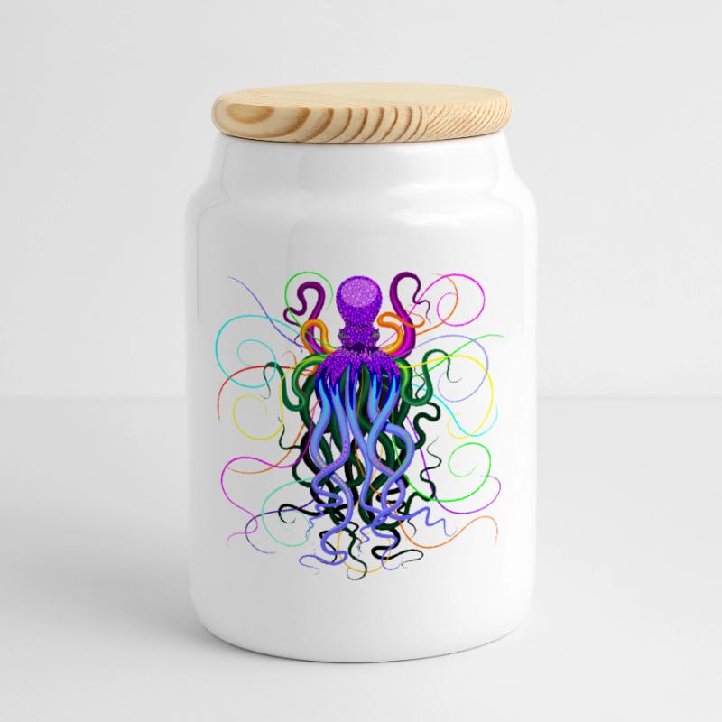 Octopus Trippy Psychedelic Deep Ocean Creature Cookie Jar with Wooden Lid